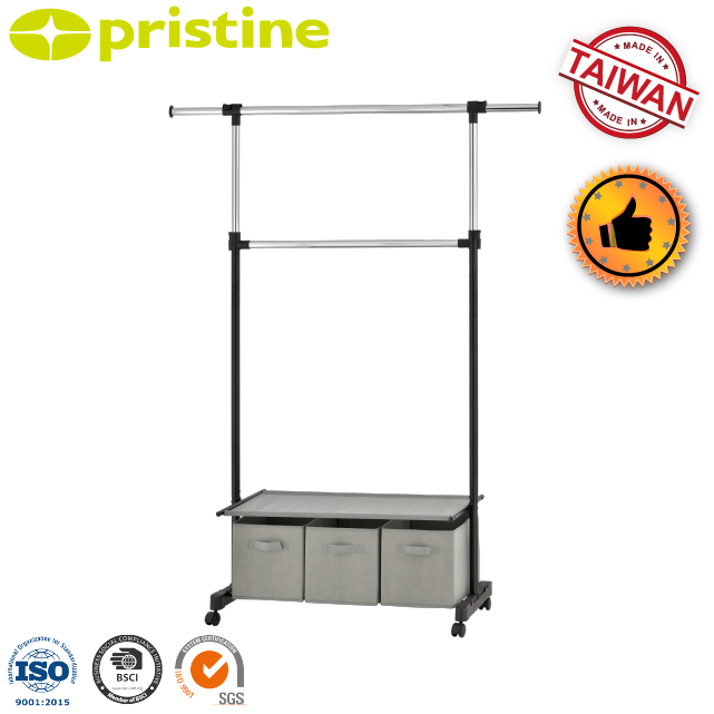 OEM SALE Organizer Taiwan household storage Furniture Manufacturer MIT DIY Double Garment Rack with 3 Fabric bag shelf