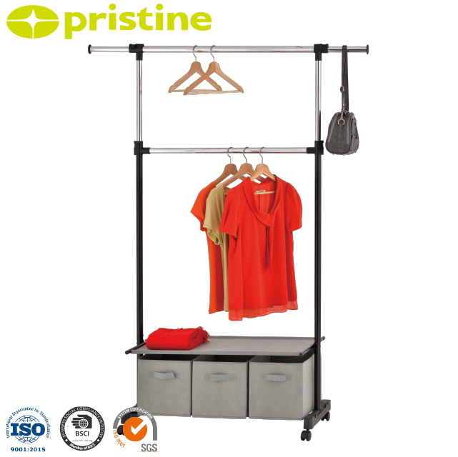 OEM SALE Organizer Taiwan household storage Furniture Manufacturer MIT DIY Double Garment Rack with 3 Fabric bag shelf