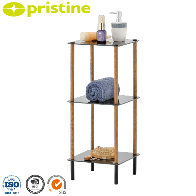 Black Friday eBay wholesale Taiwan home storage Furniture Manufacturer wood grain 3 tier glass bathroom storage shelf