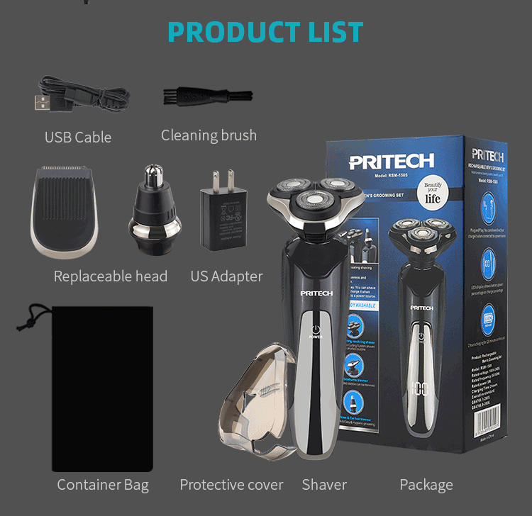 PRITECH Manli Shaver USB Rotary Rechargeable Electric Shaver Waterproof Triple Blade Shavers for Man Male Face USB Charging 5W