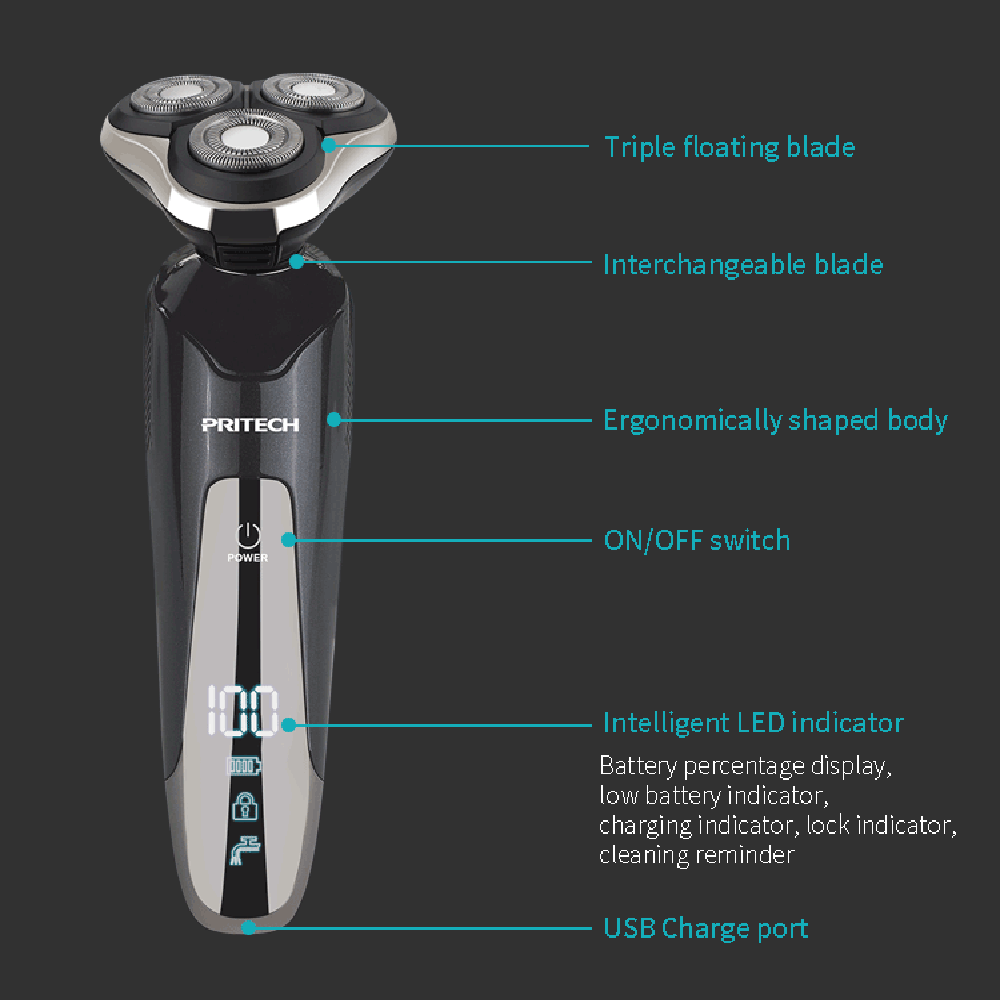 PRITECH Manli Shaver USB Rotary Rechargeable Electric Shaver Waterproof Triple Blade Shavers for Man Male Face USB Charging 5W