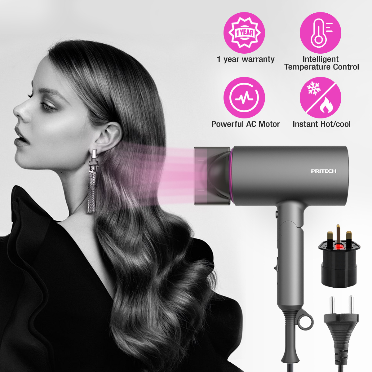 PRITECH Six Characteristics 3 Speed Foldable Handle Ionic Function Dc Motor Hair Dryer