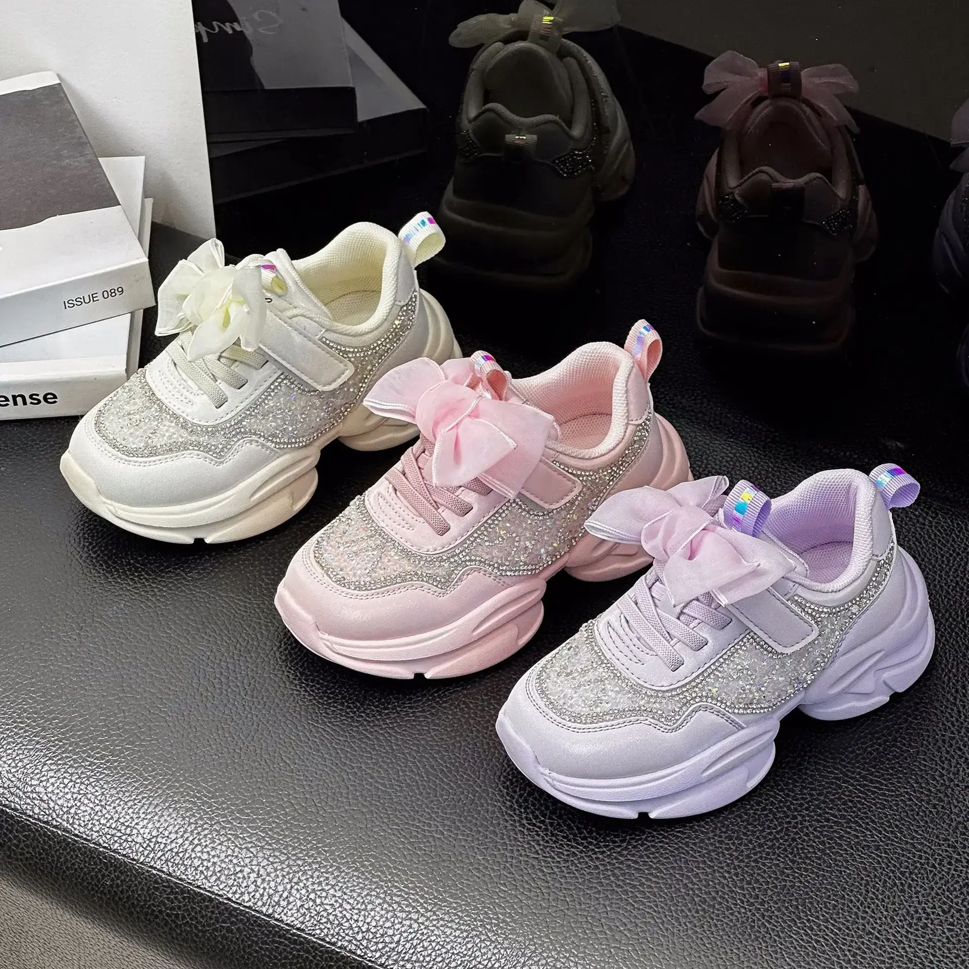 Spring Autumn Children's Sneakers Baby Kids Fashion Sports Running Chunky Trainers Toddler Bow-knot Crystal Sports Shoes