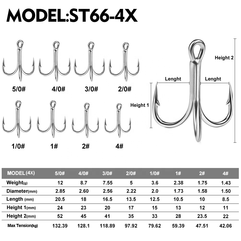 PROBEROS Treble Fishing Hooks 4X ST66 High Carbon Steel Hook 4#-5/0# High Strength Hooks Tackle 10pcs/box