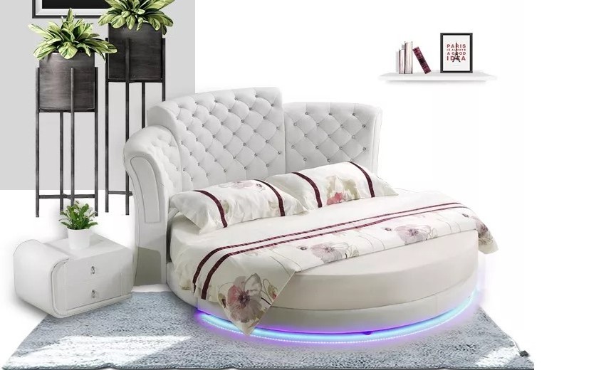 European leather couple bed princess bed hotel with LED light round bed