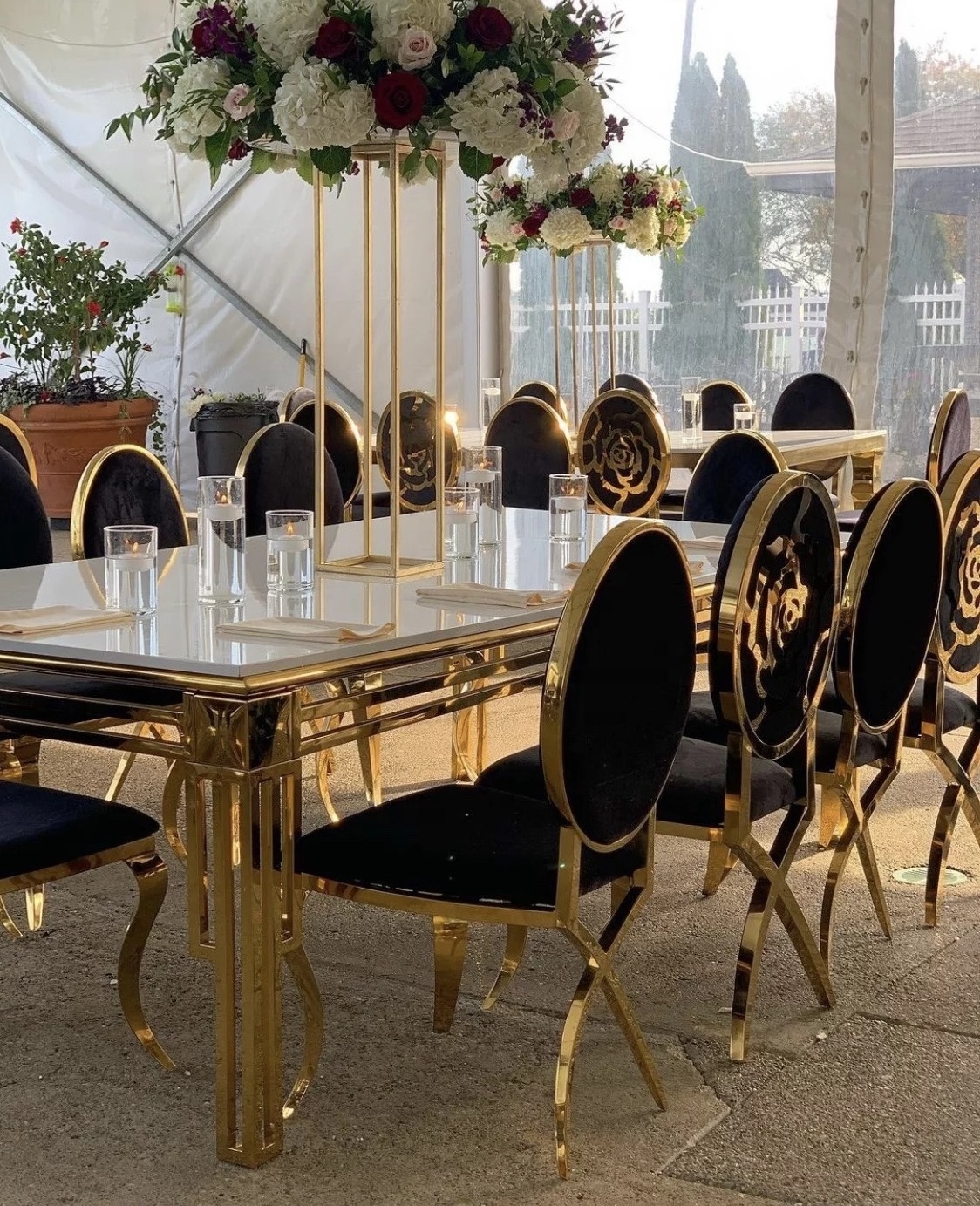 gold luxury hotel infinity banquet chivalry furniture stainless steel dining table set chairs for wedding