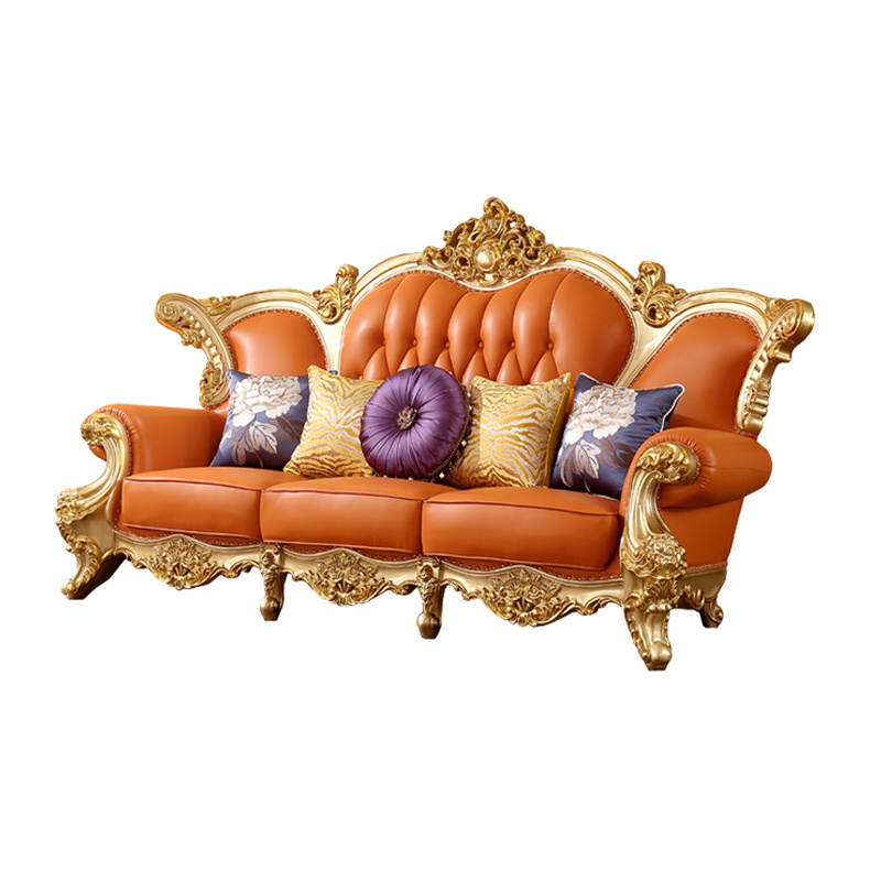 Royal European Leather Sofa 123   Luxury Villa Living Room Champagne Gold Solid Wood Carved Sofa Set Couch For hotel project