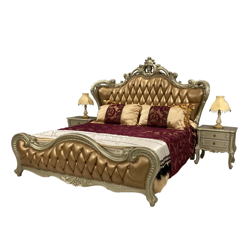 Foshan Factory's Hand-Carved Gold Leather Master King Throne Bed Classic Oak Wood Bedroom Furniture France Hotel Applications