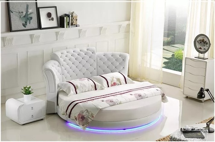 European leather couple bed princess bed hotel with LED light round bed