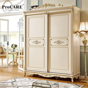 European style cheap price European solid wooden wardrobe cabinet with 2 sliding doors for home bedroom