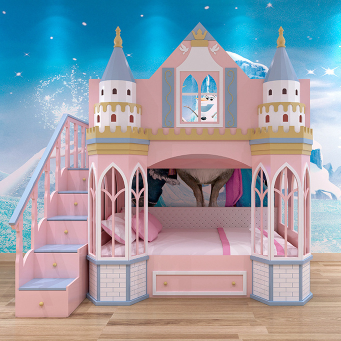 European Style Castle Girls bed up and low bed Pink Princess bunk bed girls with slide and ladder