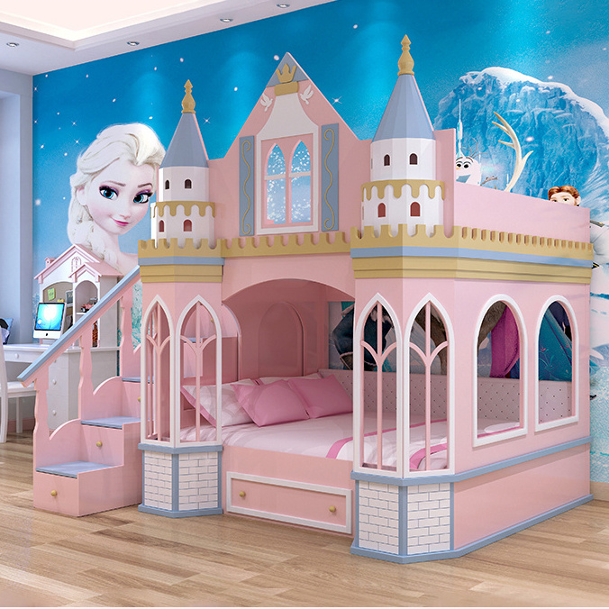 European Style Castle Girls bed up and low bed Pink Princess bunk bed girls with slide and ladder