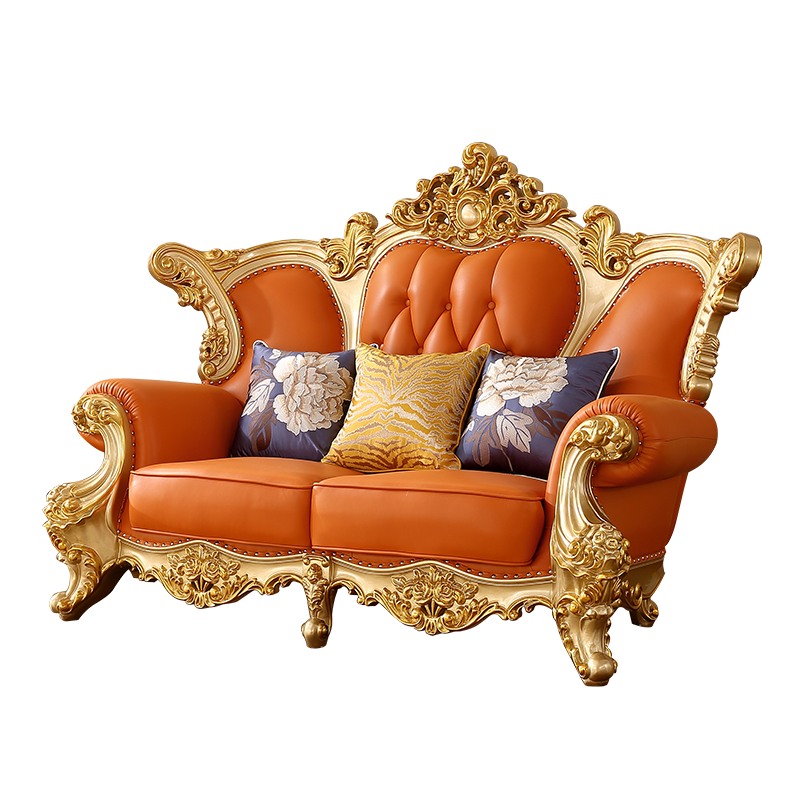 Royal European Leather Sofa 123   Luxury Villa Living Room Champagne Gold Solid Wood Carved Sofa Set Couch For hotel project