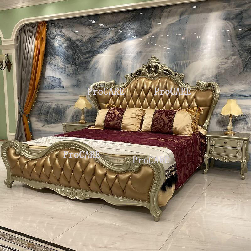 Foshan Factory's Hand-Carved Gold Leather Master King Throne Bed Classic Oak Wood Bedroom Furniture France Hotel Applications