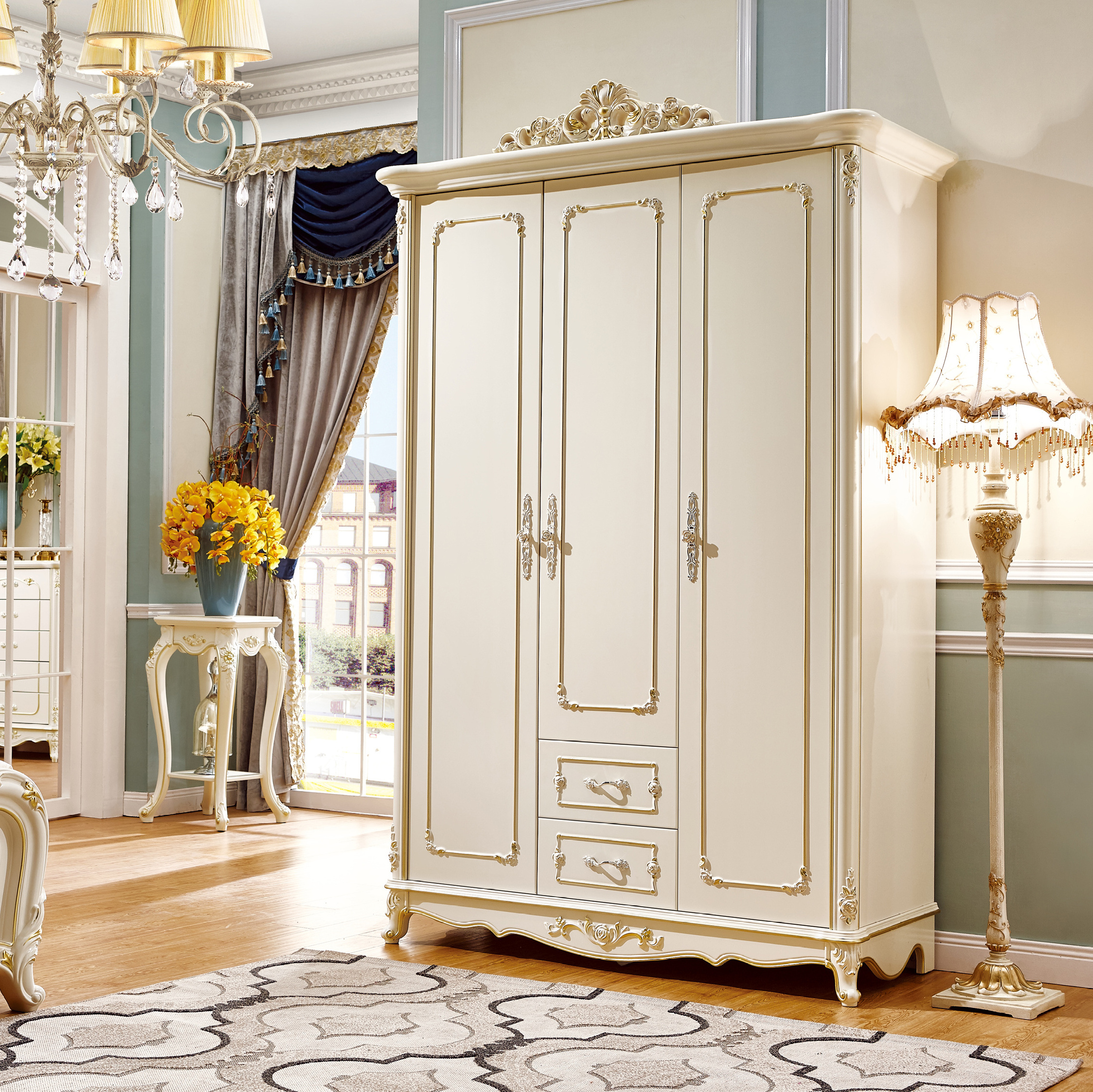 European style rose carved wooden wardrobe luxury bedroom furniture 3 door wardrobe