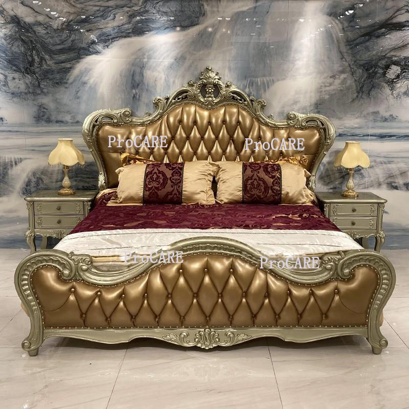 Foshan Factory's Hand-Carved Gold Leather Master King Throne Bed Classic Oak Wood Bedroom Furniture France Hotel Applications