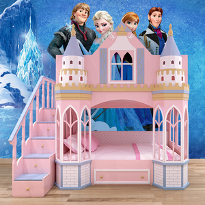 European Style Castle Girls bed up and low bed Pink Princess bunk bed girls with slide and ladder