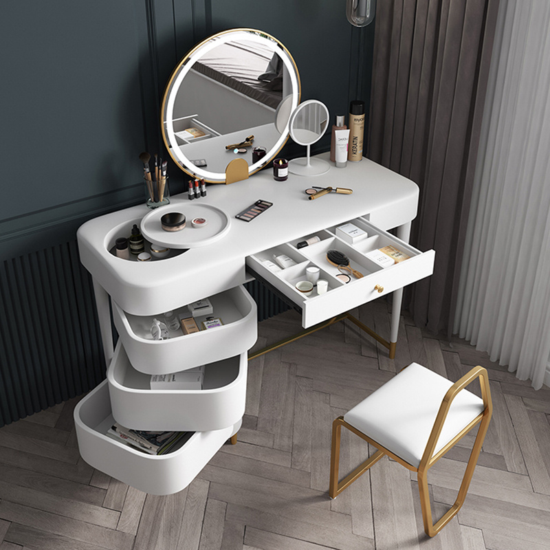 Modern luxury dressing table bedroom furniture set LED light makeup vanity table multi rotating drawer wooden muebles dressers