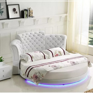 European leather couple bed princess bed hotel with LED light round bed