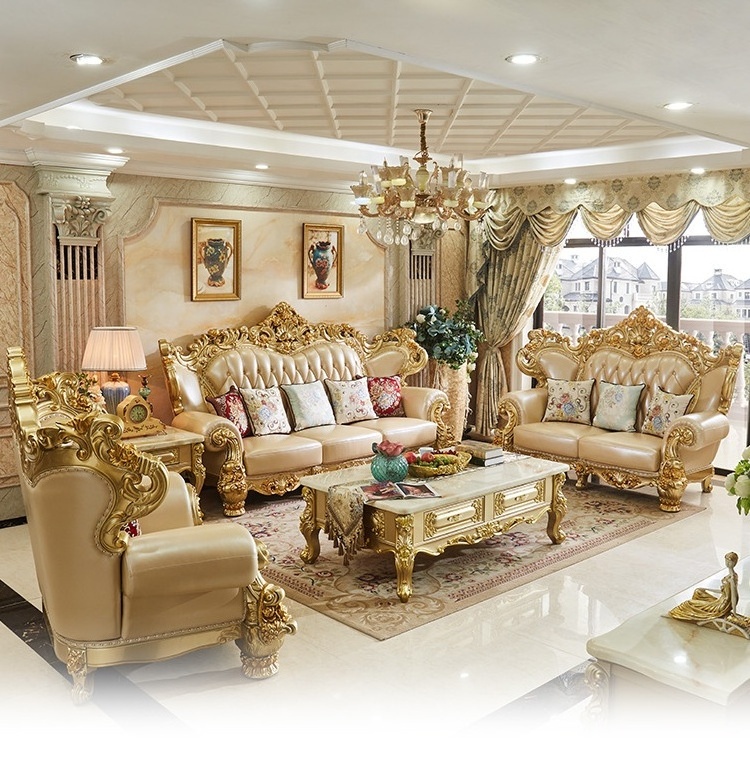 7 seat luxury tufted European style villa sofa set,antique wooden sofa set furniture,high quality living room leather sofa