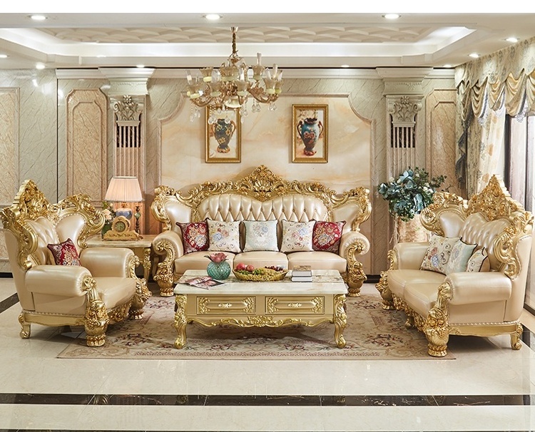 7 seat luxury tufted European style villa sofa set,antique wooden sofa set furniture,high quality living room leather sofa