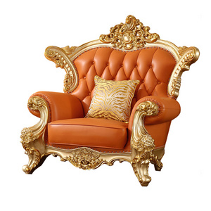 Royal European Leather Sofa 123   Luxury Villa Living Room Champagne Gold Solid Wood Carved Sofa Set Couch For hotel project