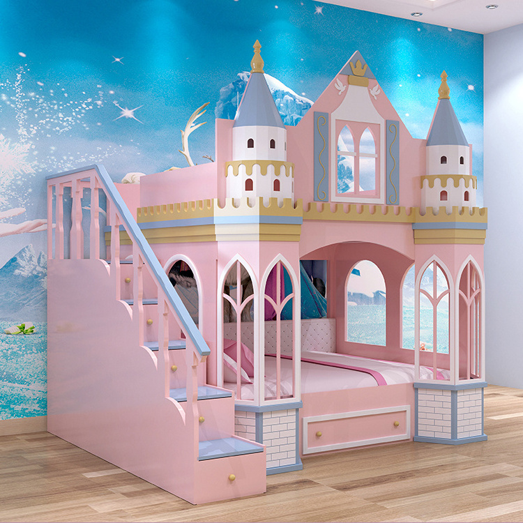 European Style Castle Girls bed up and low bed Pink Princess bunk bed girls with slide and ladder