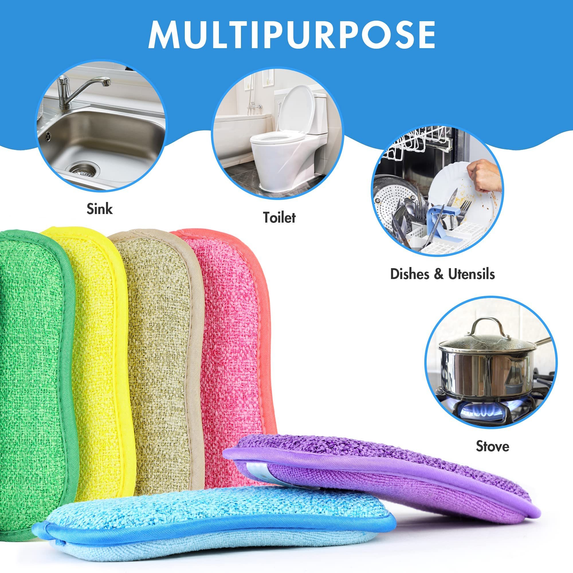 Multi-Purpose Scrub Sponges for Kitchen Non-Scratch Microfiber Sponge with Heavy Duty Scouring Power, Effortless Cleaning Dishes