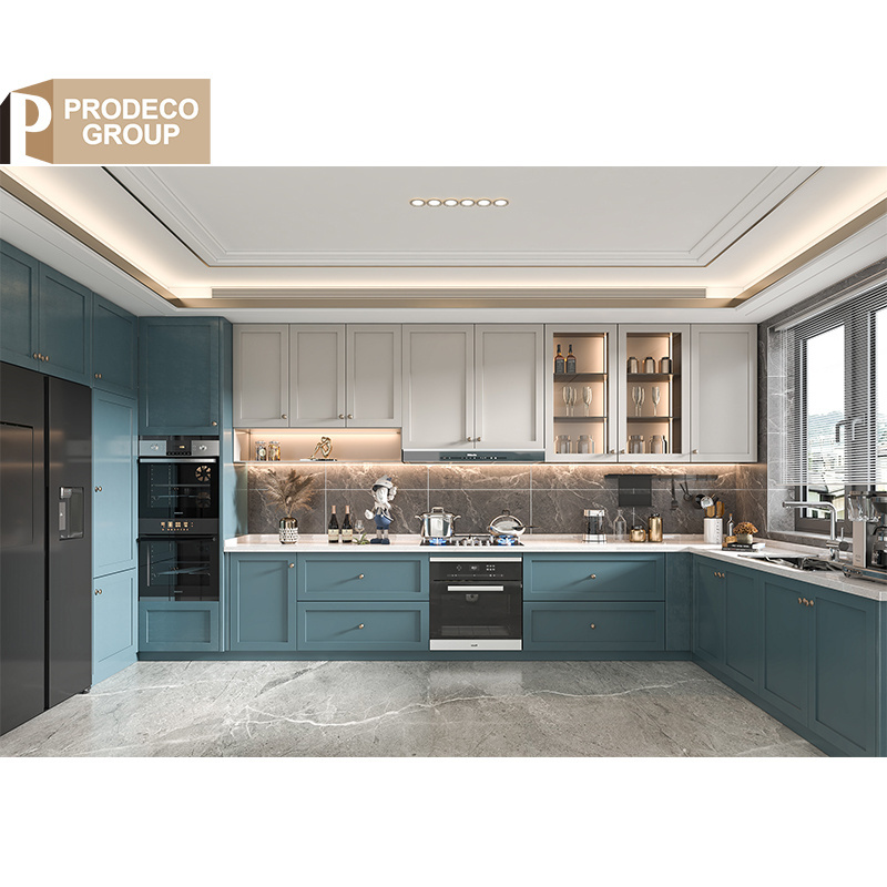 Prodeco Customized Luxury Custom Modern Navy Blue Kitchen Cabinets with LED for Hotel