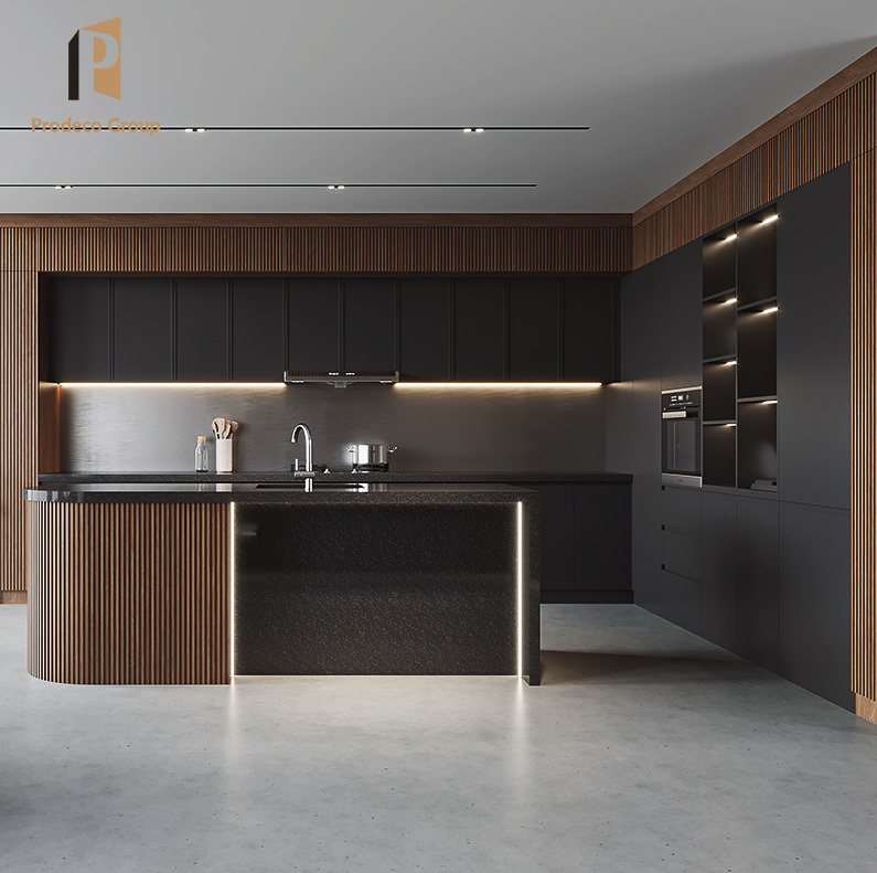 Highend Ultra Black Kitchen Cabinet Modern Style Design Kichen Luxury Island Complete Kitchen Cabinet Wooden