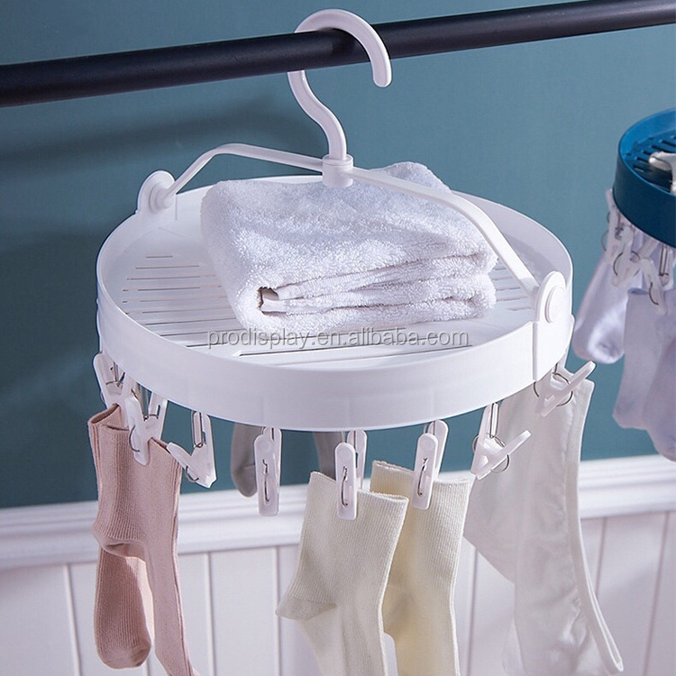 Plastic household multi functional hanger with multi-clip baby clothes rack round folding panties socks shoes drying rack