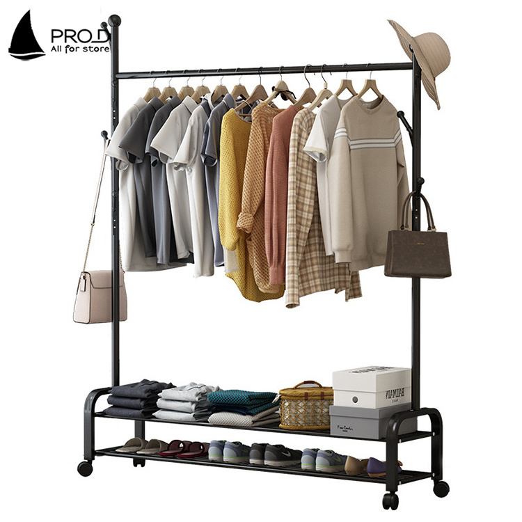 Home Simple Modern Luxury Move Black Iron Coat Bag Rack Stand With Wheels