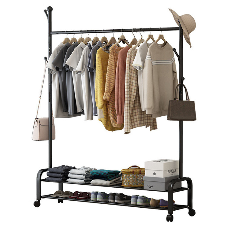 Home Simple Modern Luxury Move Black Iron Coat Bag Rack Stand With Wheels