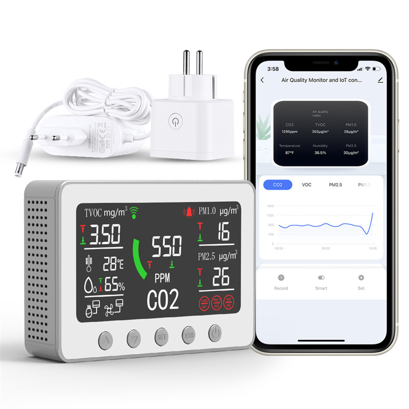 Smart Home Desktop CO2 Air Quality Monitor Detects CO2 PM2.5 TVOC Gas Detector Fans&Air conditioner Controller