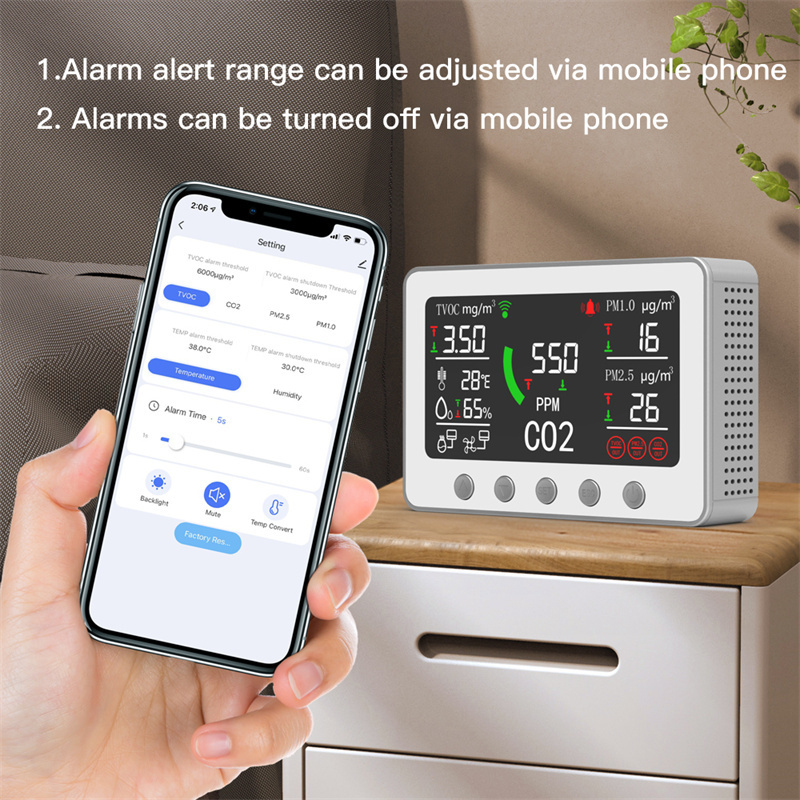 Smart Home Desktop CO2 Air Quality Monitor Detects CO2 PM2.5 TVOC Gas Detector Fans&Air conditioner Controller