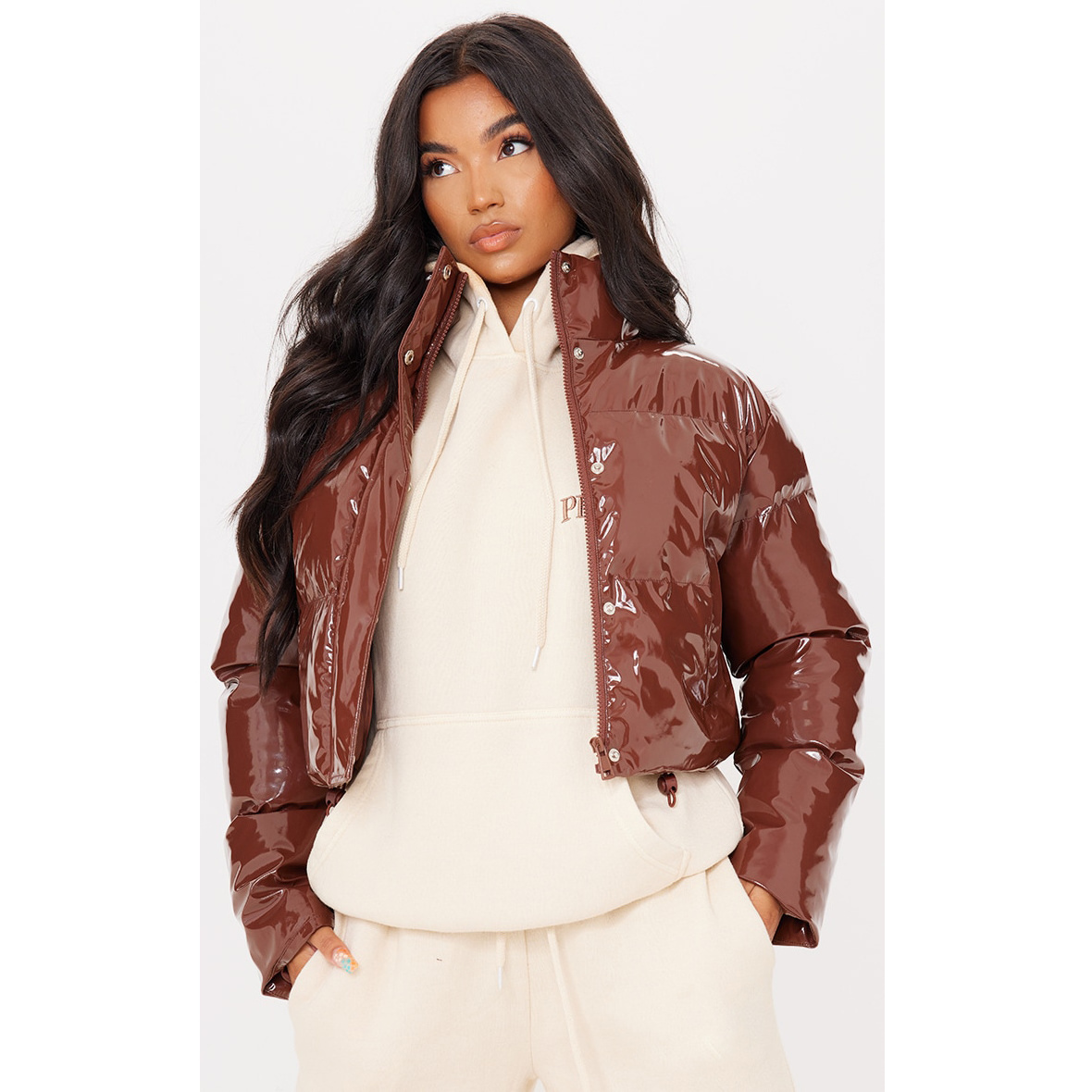 Plus Chocolate Cropped Vinyl Puffer Jackets Puffer jacket Custom Women Winter Outer Wear Padded Plain Quilted Jacket