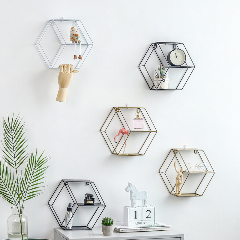 European-style ins ornaments wrought iron hexagonal grid wall shelf living room bedroom background wall decoration storage rack