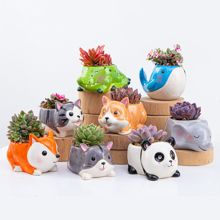 Indoor Outdoor Decoration Small Planter Pot Cartoon Animal Dog Cat Whale Turtle Succulent Flower Pot with Drainage