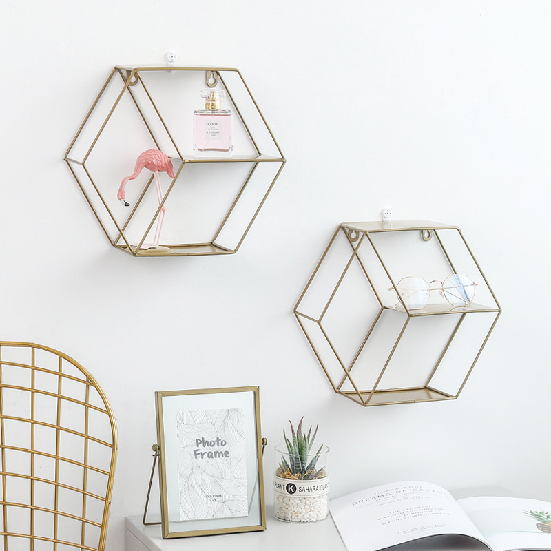 European-style ins ornaments wrought iron hexagonal grid wall shelf living room bedroom background wall decoration storage rack