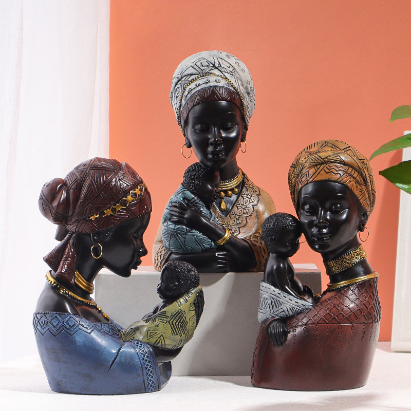 Christmas Gifts African Art Black Bust Sculptures Modern Decor African American Mother and Child Resin Statues