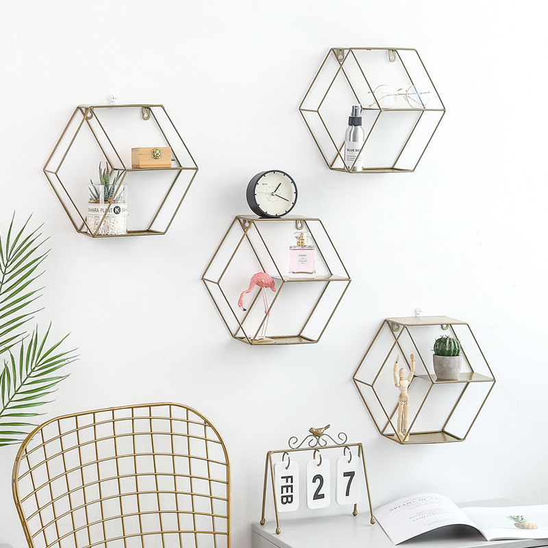 European-style ins ornaments wrought iron hexagonal grid wall shelf living room bedroom background wall decoration storage rack