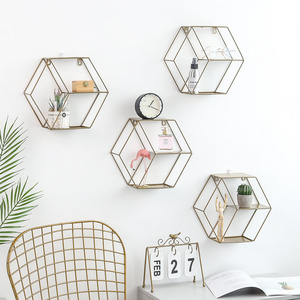 European-style ins ornaments wrought iron hexagonal grid wall shelf living room bedroom background wall decoration storage rack