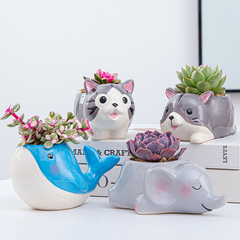 Indoor Outdoor Decoration Small Planter Pot Cartoon Animal Dog Cat Whale Turtle Succulent Flower Pot with Drainage