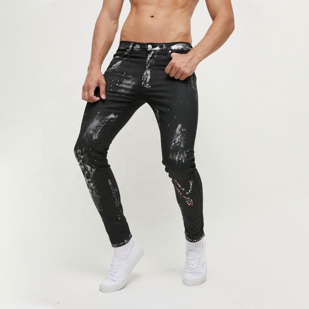 wholesales high quality  skinny smear paintcoat denim pants custom rhinestone men jeans