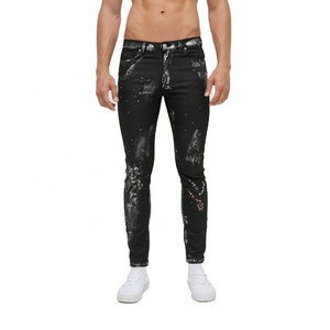 wholesales high quality  skinny smear paintcoat denim pants custom rhinestone men jeans