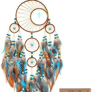 Indian Handmade Cherokee Bobo Dia 6" Dream Catcher Handmade Turquoise Dream Catchers with Feathers Large Wall Hanging Home Decor