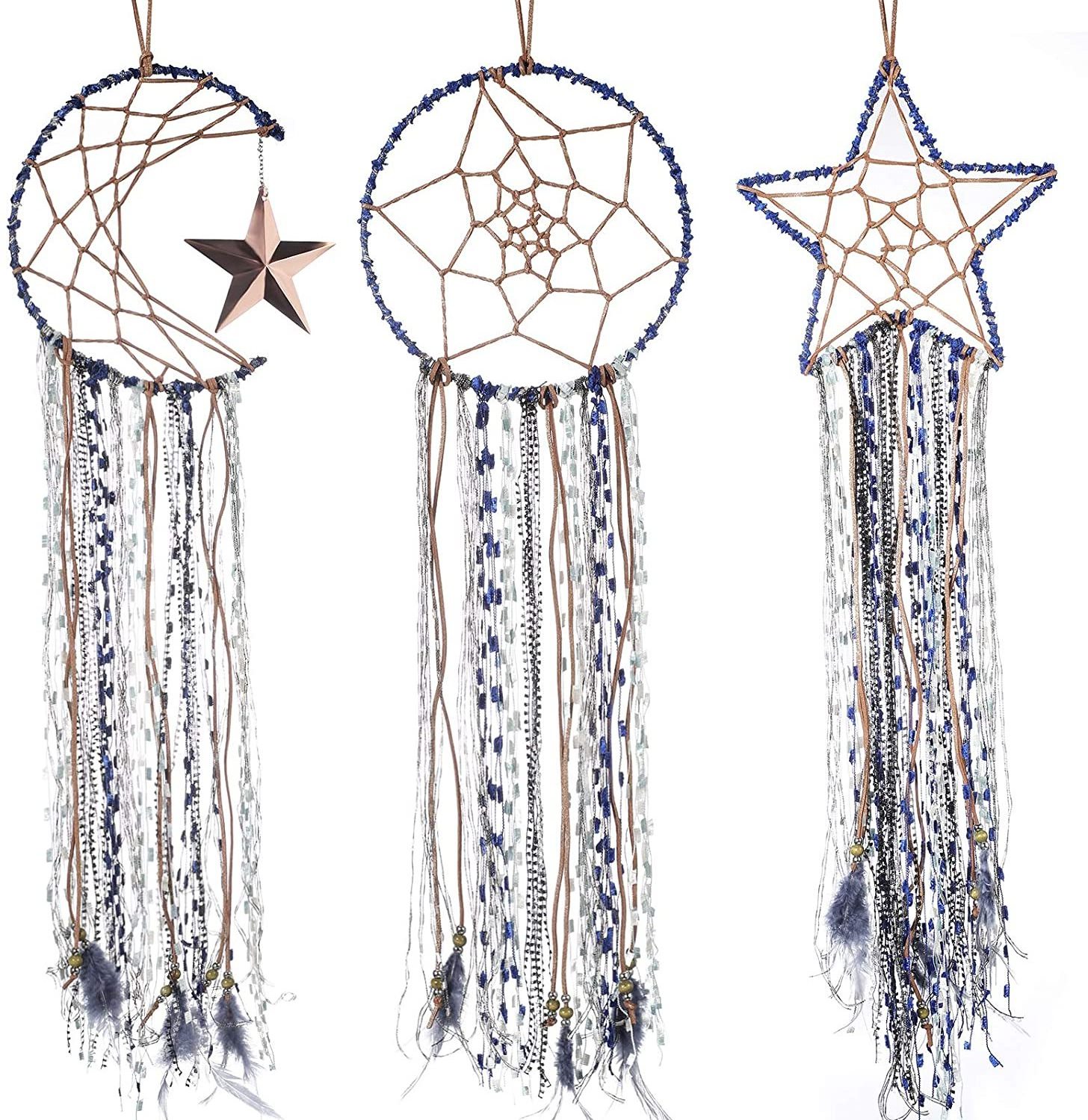 Handmade Traditional Design 3 Pieces Dream Catcher Moon Sun Star Boho Indian Dreamcatchers for Wall Hanging Home Decoration