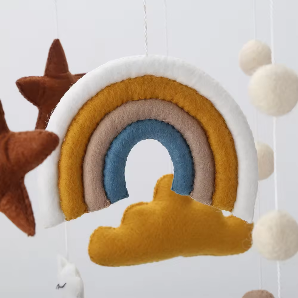 2024 New handmade alpaca llama rainbow cactus moon star felt baby mobile hanging musical toy for nursery crib cot decoration