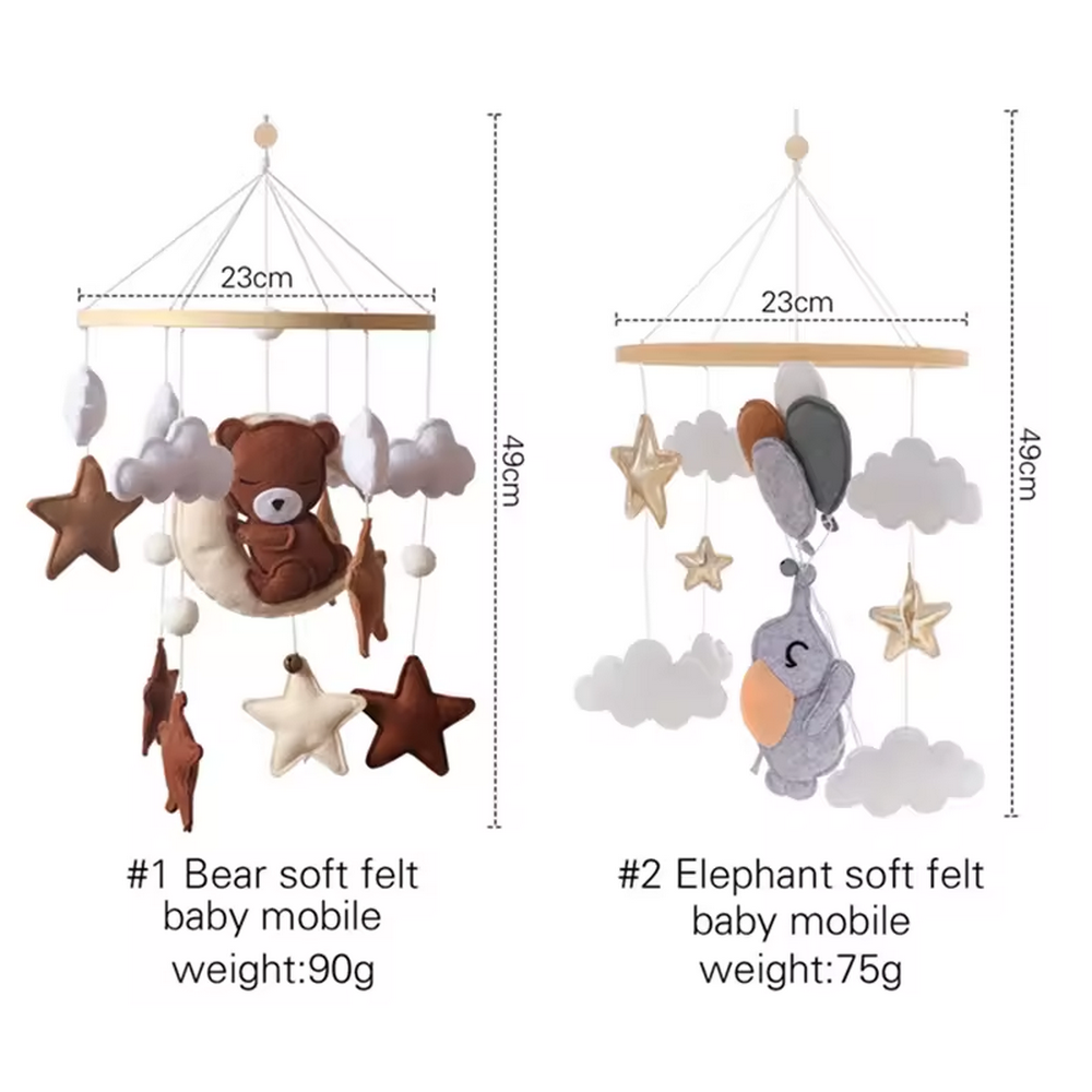 Custom neutral beige sleeping bear cloud star moon felt baby mobile with wooden hoop music box for nursery crib bed decor