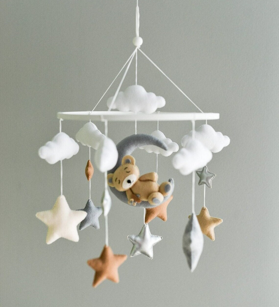 Personalized eco friendly handmade cute bear teddy cloud moon star felt baby mobile crib for nursery crib decoration